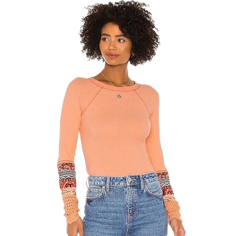 NEW Free People In The Mix Cuff Thermal Top in Desert Orange Combo Womens Small